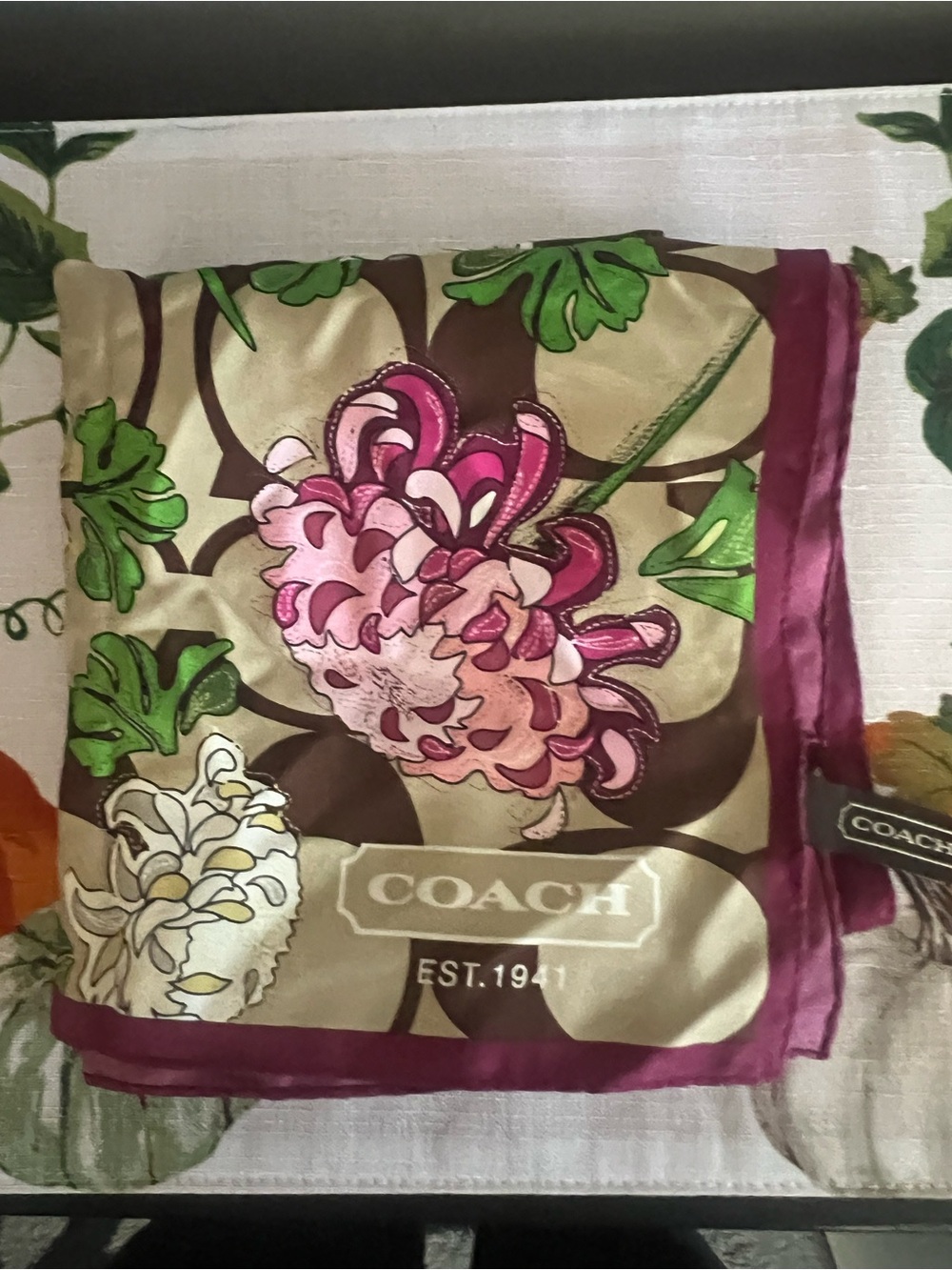 Coach Silk Floral Scarf in Pink and Green with Plum Border